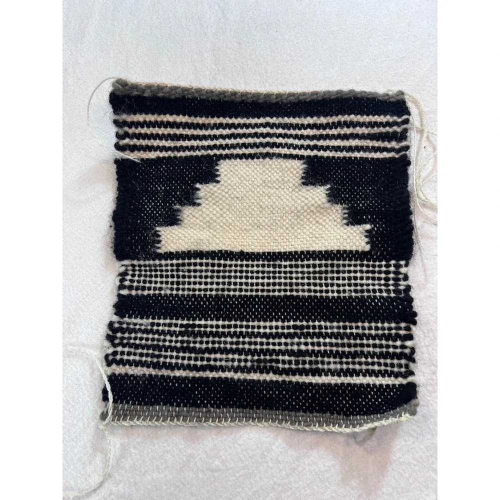 Handwoven Wool Geometric Textile Black White Southwestern Small Rug Wall Hanging